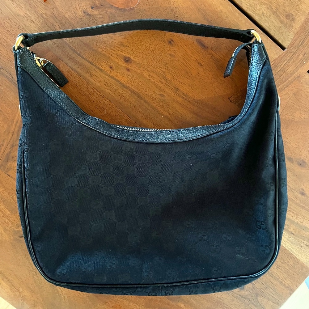 Gucci crescent handbag, Black Canvas with leather trim and gold detail